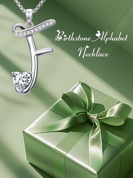 Valentines Day Gifts for Women Alphabet A to Z Initial Birthstone Pendant Necklaces for Women - 18k White Gold Plated Personalized Name Jewelry Valentine Mothers Day Birthday Gifts for Women Her Girlfriend