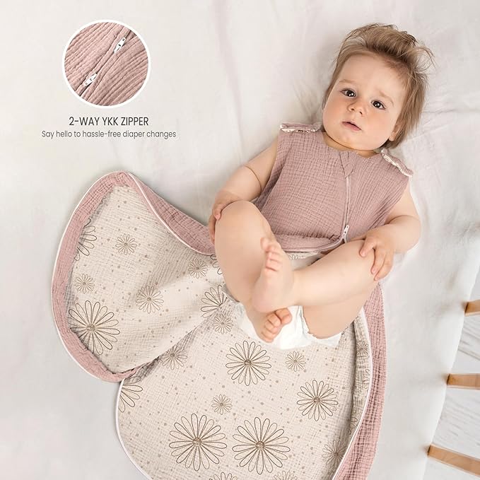 lulumoon Sleep Sack Muslin for Baby: Cotton Wearable Blanket - Soft Lightweight Ideal for Nursery Lounge Nighttime Naptime (1, sanddaisy, XS)