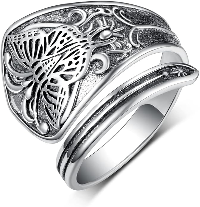 Vintage Butterfly Spoon Ring 925 Sterling Silver Adjustable Oxidized Spoon Rings Wrap Around Open Ring Thumb Statement Jewelry for Women Mom