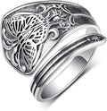 Vintage Butterfly Spoon Ring 925 Sterling Silver Adjustable Oxidized Spoon Rings Wrap Around Open Ring Thumb Statement Jewelry for Women Mom