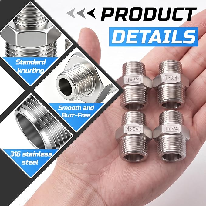 1" Mnpt to 3/4" Mnpt Male to Male 4 Pcs Hex Bushing Nipple Reducer, 316 - Image 3