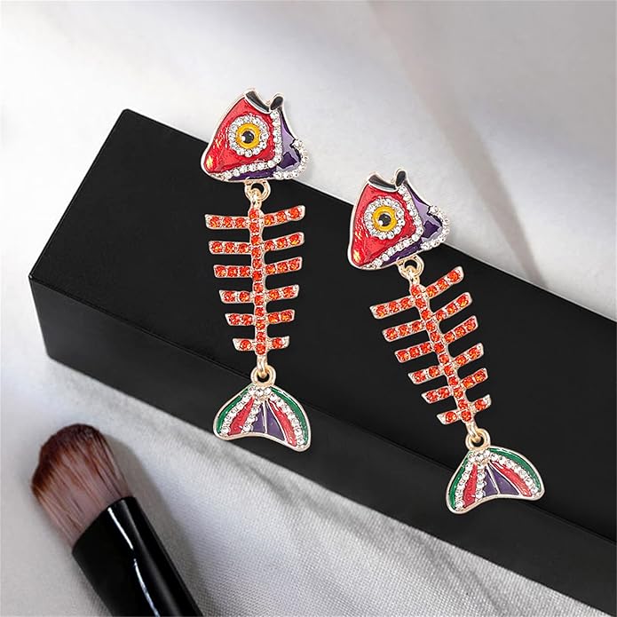 Creative Exaggerated Long Colorful Sparkly Crystal Fish Bone Dangle Drop Earrings Vintage Gold Cute Enamel Diamond Animal metal Stud Earrings