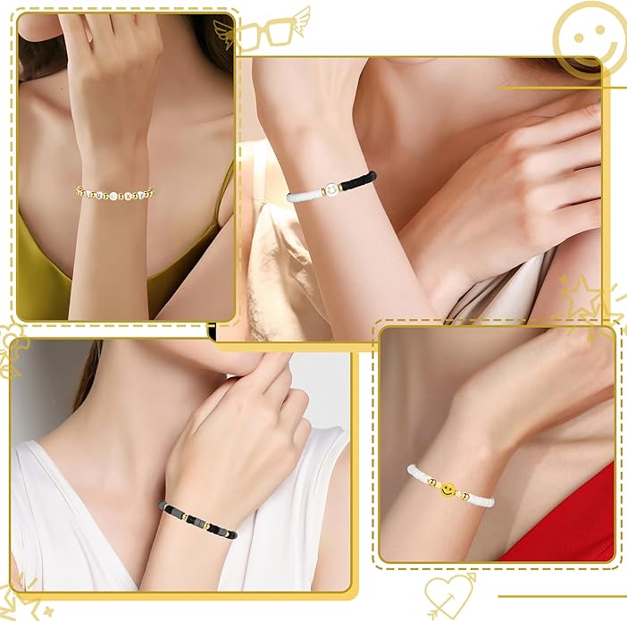 Preppy Bracelets Set Colorful White Gold Smile Heart Star Polymer Beaded Pearl Clay Stackable Charm Y2K Kidcore Aesthetic Summer Beach Bohemian Stretch Layering Bracelets Jewelry for Girls Women Teens