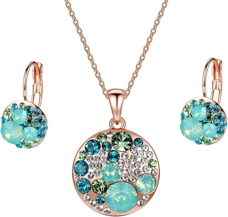 EVEVIC Austrian Crystals Round Disc Pendant Necklace Earrings for Women 14K Gold Plated Hypoallergenic Jewelry Sets