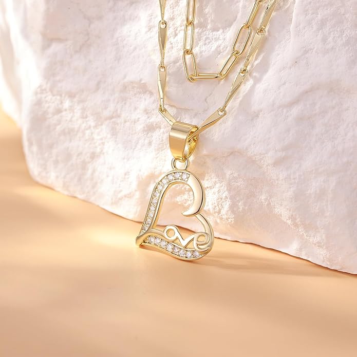 Heart Necklaces for Women 14K Gold Plated Layered Necklace Set with Cubic Zirconia Heart Pendant, Dainty Stackable Choker Chain, Gift for Her