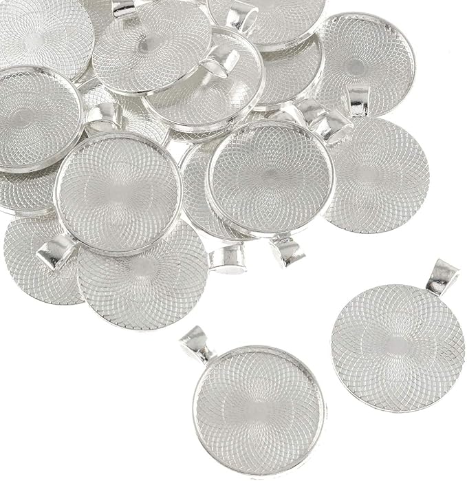 25 pcs 25mm Pendant Trays Round Pendant Bezels Setting Cabochon Blank Base for DIY Jewelry Making, Bright Silver