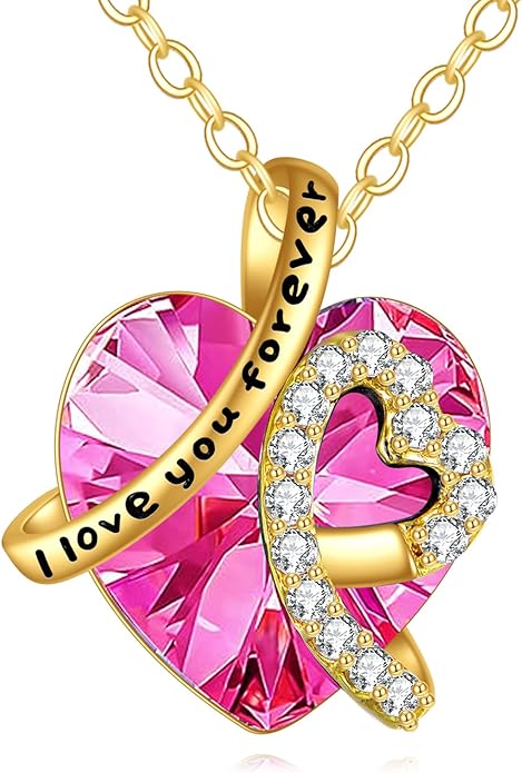 KECHO 14K Real Gold I Love You Forever Necklace Solid Yellow Gold Heart Birthstone Crystal Pendant Jewelry Birthday Mother's Day Anniversary Christmas Gifts for Women