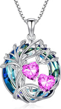 TOUPOP s925 Sterling Silver Family Celtic Tree of Life Pendant Necklaces with 2 Heart Birthstone with Blue Austrian Crystal Jewelry Birthday Valentines Day Gifts for Her, Anniversary Christmas Gifts for Wife Girlfriend Mom (18K Real White Gold Filled)