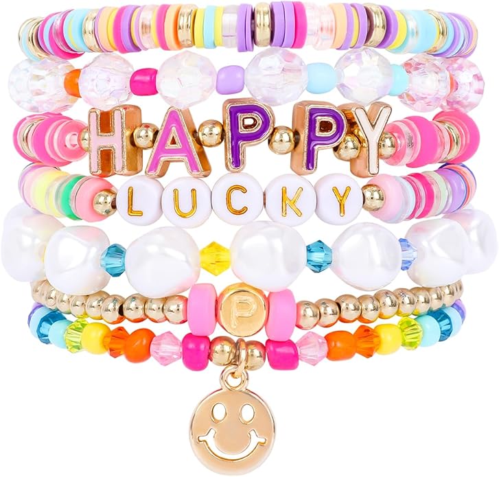 Bohemian Colorful Beaded Bracelets for Women Boho Stackable Natural Stone Letter Clay Glass Beads Stretch Bracelet Set with Charm, Cute Rainbow Friendship Bracelets for Summer Vacation