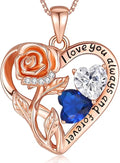 925 Sterling Silver Double Birthstone Rose Flower Heart Jewelry Necklaces for Women Anniversary Love Forever Necklaces for Her Birthday Gifts for Wife Girlfriend Mom Mothers Day Rose Gold