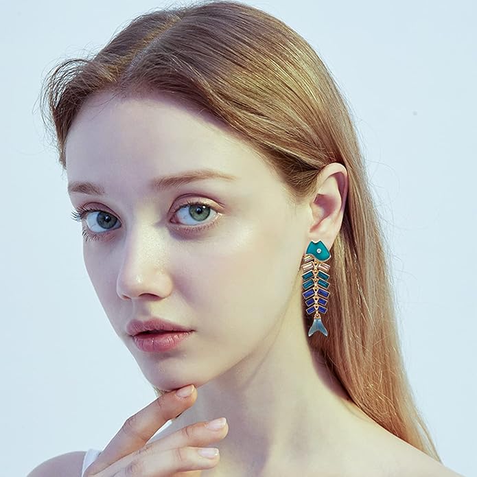 Creative Exaggerated Long Colorful Sparkly Crystal Fish Bone Dangle Drop Earrings Vintage Gold Cute Enamel Diamond Animal metal Stud Earrings