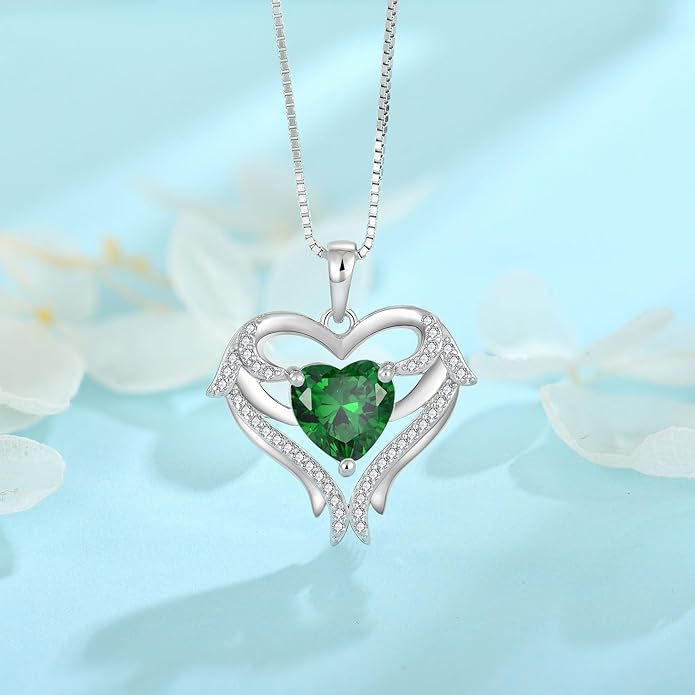 FJ Heart Angel Wings Pendant Necklace 925 Sterling Silver Birthstone Jewelry Gifts for Women