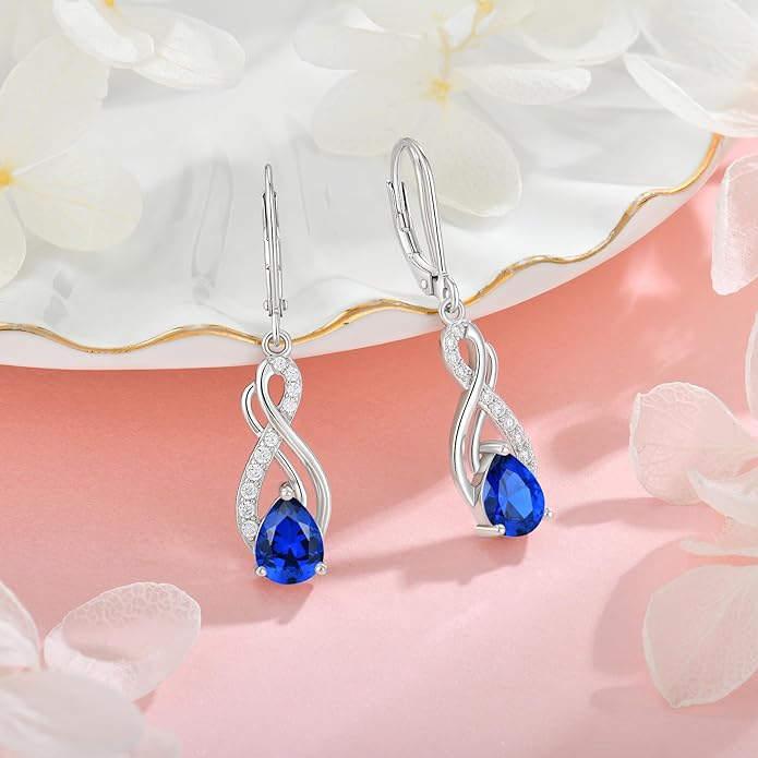 Infinity Love Birthstone Earrings for Women 925 Strling Silver 5A Cubic Zirconia Dangle Drop Leveback Earrings Jewelry Birthday Christmas Day Gifts for Her