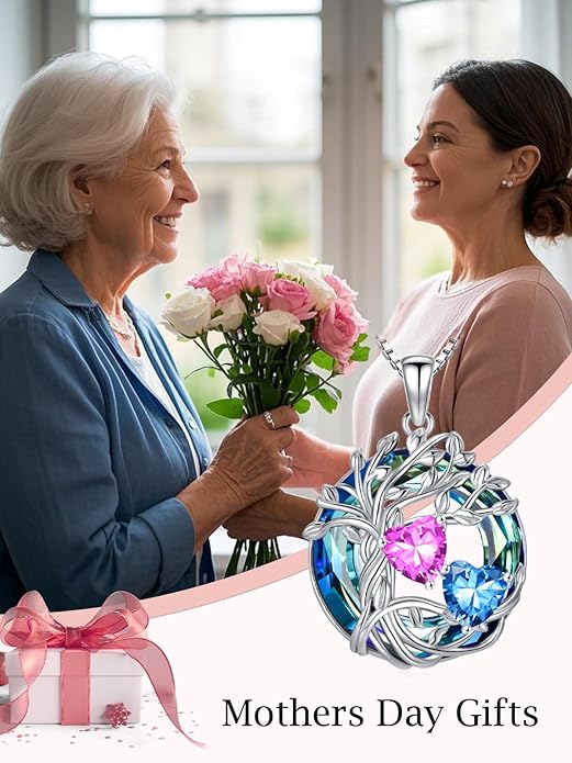 TOUPOP s925 Sterling Silver Family Celtic Tree of Life Pendant Necklaces with 2 Heart Birthstone with Blue Austrian Crystal Jewelry Birthday Valentines Day Gifts for Her, Anniversary Christmas Gifts for Wife Girlfriend Mom (18K Real White Gold Filled)