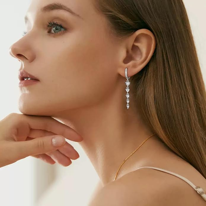 14K Gold Plated Dangle Earrings for Women Dainty Silver Drop Earring Trendy Small Long Dangling Wedding Bridesmaid Hoop Diamond Crystal Cute Earring Jewelry Valentine Gifts