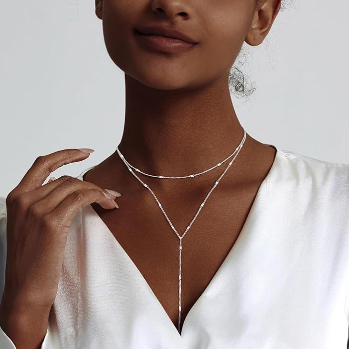 Lariat Gold Necklace for Women Dainty Long Necklace 14k Gold Plated/Silver Y-Shaped Pendant Drop Chain Trendy Layered Pearl/Beaded/CZ Necklaces Simple Gold Jewelry For Women Gift