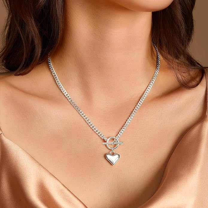 Zeffy 14K Gold/Silver Plated Chunky Thick Chain Toggle Clasp Necklace Dainty Baroque Pearl/Heart/Cross/Turquoise Pendant Necklace