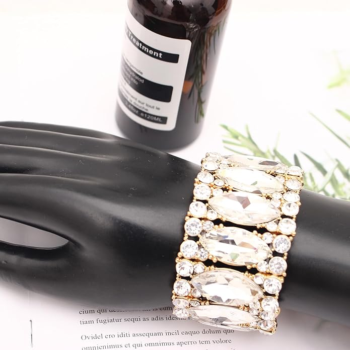 Women’s Elegant Wedding Bridal Crystal Double Row Marquise-Shape Leaf Stretch Bangle Bracelet Bride Jewelry for Women