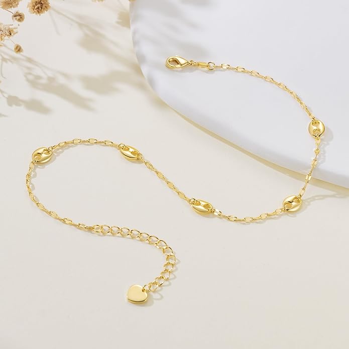 14K Gold Anklets for Women Gold Ankle Bracelets for Women Anklet for Womens Simple Design with Uniquely Oval Connectors Beach Boho Ankle Bracelet for Womens Adjustable (9.6-11) in