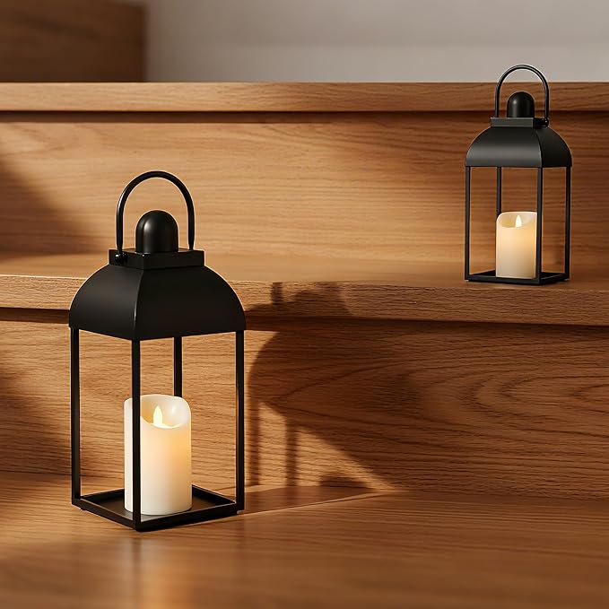 Lanterns Decorative Indoor 15" 11" Set of 2 Black Metal Lantern - Image 7