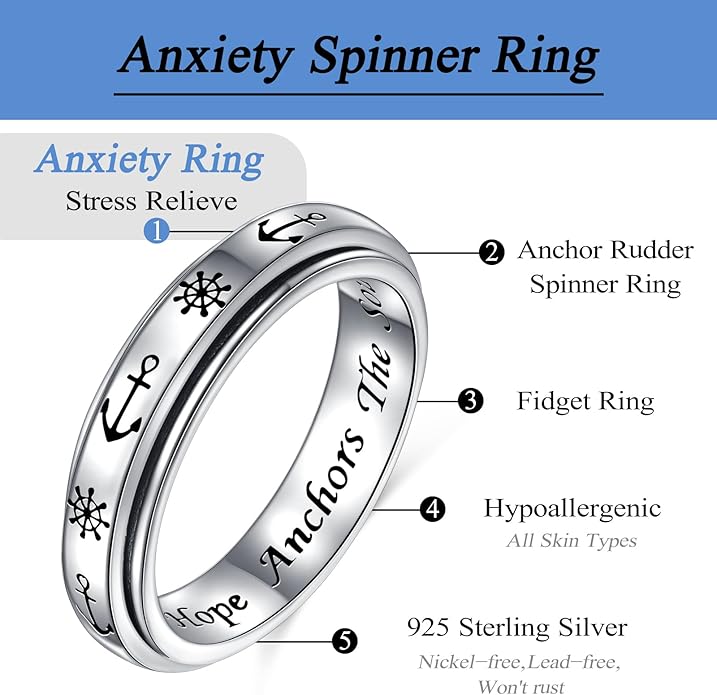 Ladytree Anxiety Relieve Rings 925 Sterling Silver Spinner Fidget Ring Worry Stress Relieving Boredom ADHD Autism Ring Platinum Plated Jewelry Birthday Gifts for Women Men