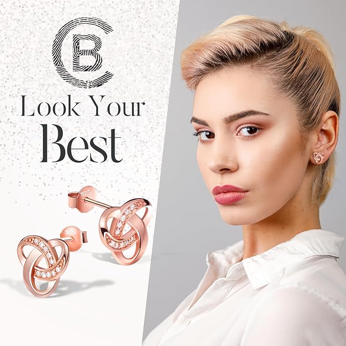 Chic Bijoux Knot Earrings for Women – With Round Cubic Zirconia stones and 925 Sterling Silver – Gift for Her Birthday, Rose Gold Jewelry