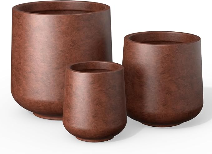 Kante Set of 3 Rusty Concrete Curved Planters 16.5" 13" 9.4" Dia | Drainage by Unknown