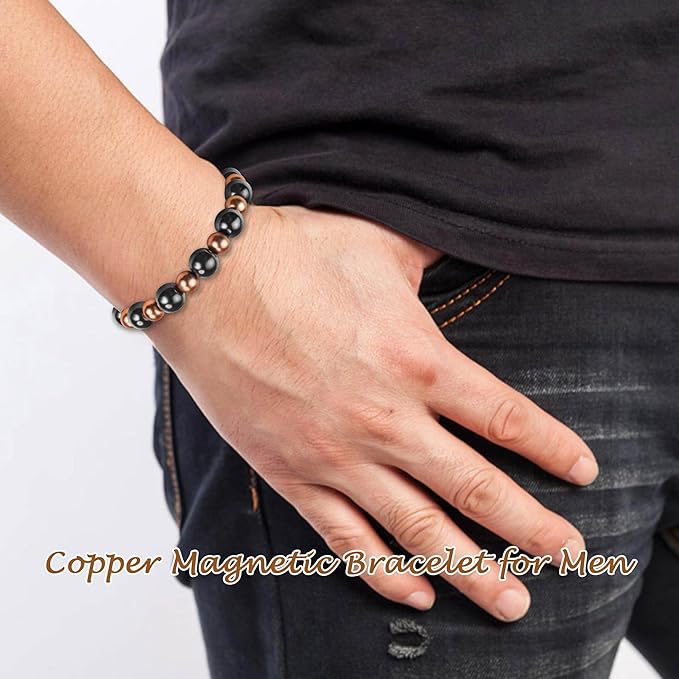 Copper Bracelet for Men Magnetic Bracelets as Valentines Gifts for Him, Dainty Copper Jewelry with 3800 Gauss Magnet, Weighted Bracelet for Men Beaded Bracelet Pulsera De Cobre Para Hombres