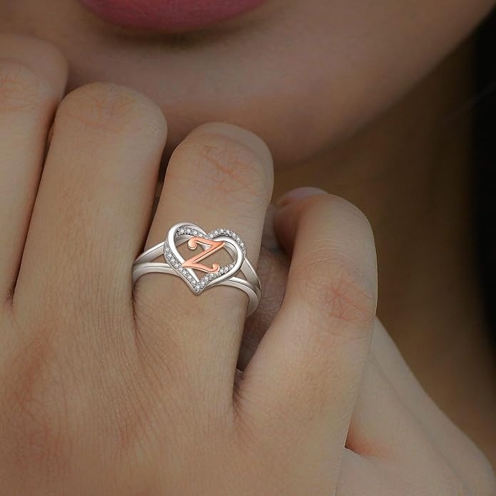 INFUSEU 925 Sterling Silver Initial Heart Ring for Women Girls, Adjustable Size