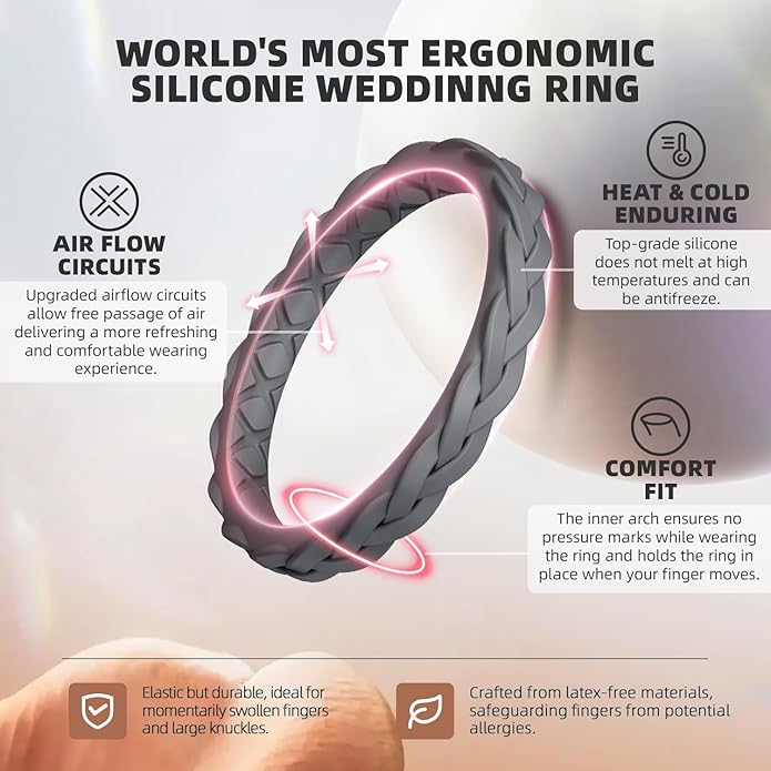 Egnaro Women's Wedding Bands, Silicone Thin and Stackable Rubber Engagement Ring, Variety Multipack With Breathable Grooves Workout Accessories