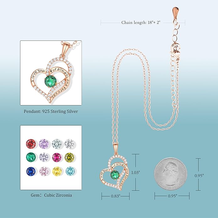 Birthday Gifts Double Heart Birthstone Necklace for Women, S925 Sterling Silver Pendant Necklace Jewelry for Her Mother Mom Wife Girlfriend
