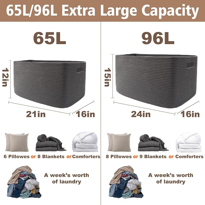 JMvicyroam 65L Large Woven Cotton Rope Blanket Basket, Freestanding - Image 3