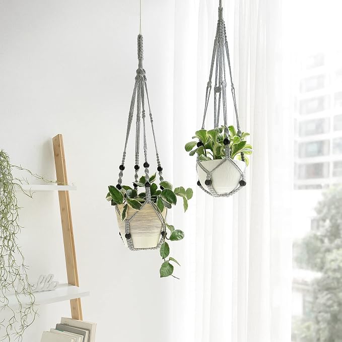 Mkono Macrame Plant Hanger Indoor 35 Inch Hanging Planter Basket Grey 1Pc | - Image 2