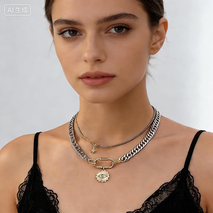 Gold Layered Necklaces for Women, 2PCS/3PCS Mixed Metal Necklace Set with Gold and Silver Necklace Chains with Evil Eye, Star & Spike Charms, Chunky Necklaces for Women & Necklace Stack Trendy Pendant Jewelry Birthday Valentines Day Gifts for Her