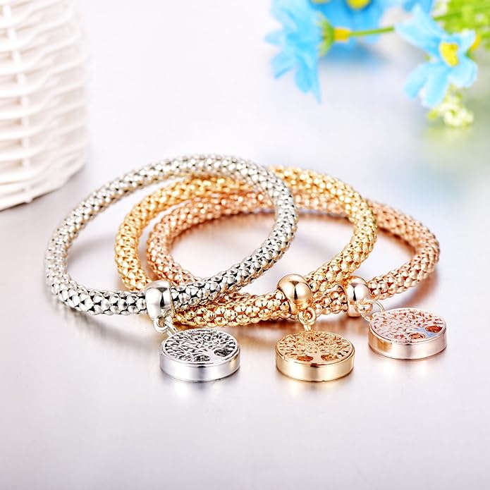 Crystal Charms Multilayer Bracelets - 3PCS Gold/Silver/Rose Gold Corn Chain Bracelet for Women, Tree of Life Heart Shaped Stretch Bracelet