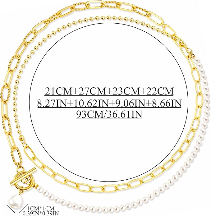 Layered Pearl Chain Necklace for Women, 14K Gold Plated Pearl Link Toggle Clasp Necklace, Dainty Trendy Layered Choker Chunky Jewelry Fashion Gift for Women
