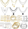 73 Pcs Gold Jewelry Set with 6Pcs Layered Necklace, 11 Pcs anklet and 7Pcs Earring Ear Cuff,12Hoop Earrings ,15pcs Rings,21pcs stud earrings Jewerly set for Women Pack for Friendship Party Gift