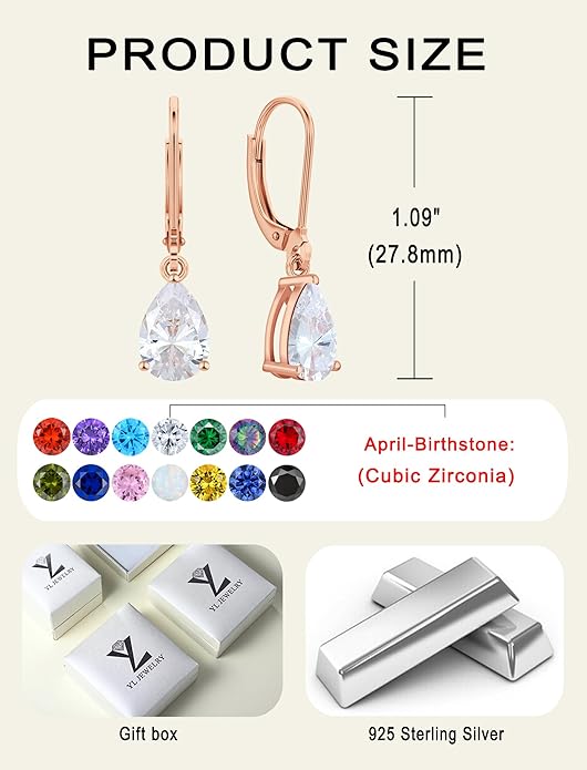 YL 925 Sterling Silver Teardrop Dangle Drop Earrings for Women 7x10 MM Solitaire Birthstone Leverback Jewelry