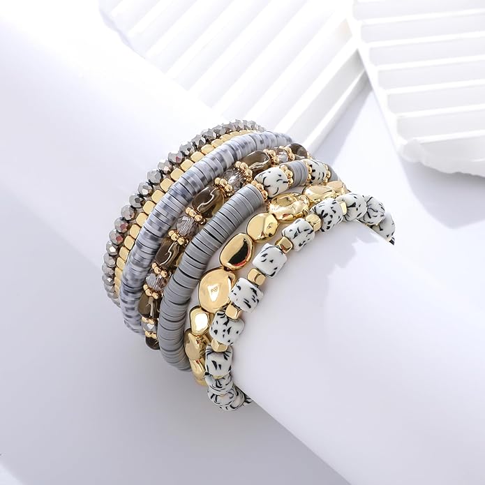 GOOJIDS Surfer Heishi Clay Bead Bracelets for Women Bohemian Stackable Gold Plated Beaded Stretch Bracelets Elastic Layering Friendship Bracelets Set Boho Jewelry