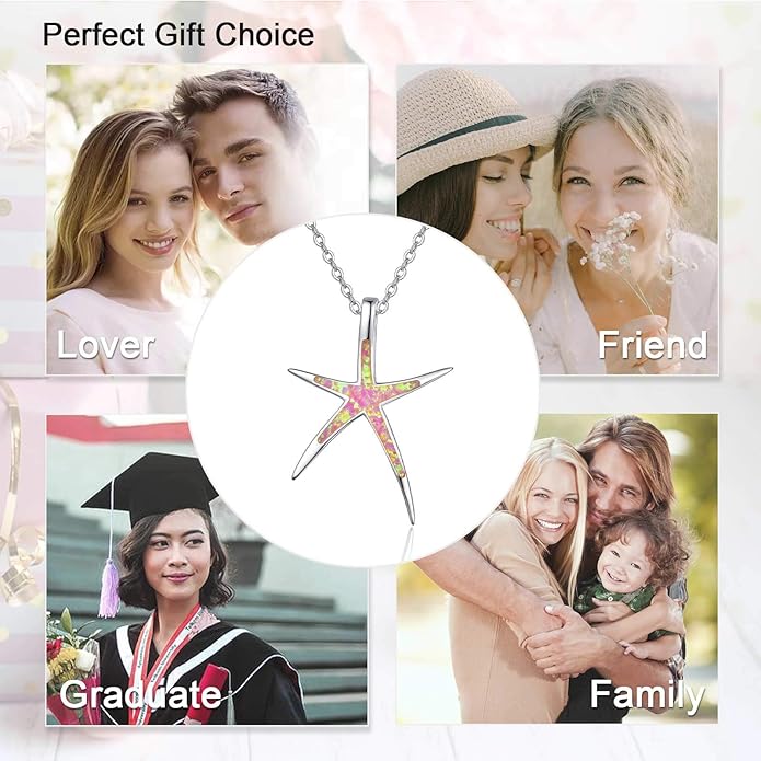 Cuoka Starfish Necklace, 925 Sterling Silver with Opal, Hawaiian Beach Nautical Ocean Pendant, Starfish Jewelry Opal Jewelry Valentine for Women Girlfriend