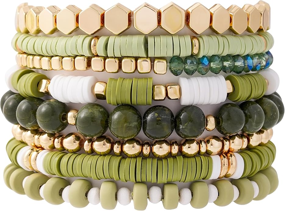 GOOJIDS Surfer Heishi Clay Bead Bracelets for Women Bohemian Stackable Gold Plated Beaded Stretch Bracelets Elastic Layering Friendship Bracelets Set Boho Jewelry