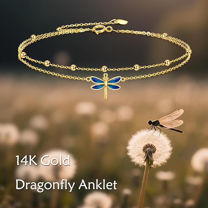 KECHO 14k Yellow Gold Butterfly/Dragonfly/Frog/Sunflower/Daisy/Tree of life/Moon/Clover Bracelet Anklet for Women