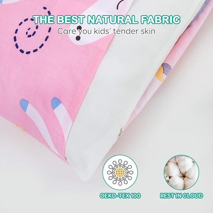 Cottonblue Kids Toddler Pillows with Pillowcases 14x19, 2 Pack Toddler Pillows with 2 100% Organic Cotton Covers, [2-Set] Kids Pillow Set for Preschool, Machine Washable, Pink Unicorn