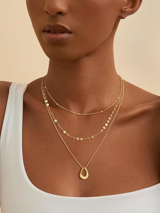NECOCY Valentine's Day Gift 14k Gold/Silver Plated Layered Gold Necklaces for Women, 3Pcs Dainty Herringbone Choker Set, Trendy Stack Simple Chain Layering Pendant Jewelry