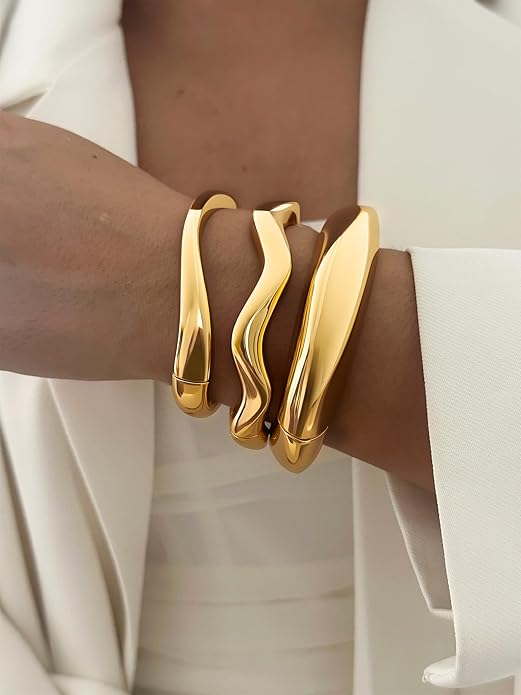 3Pcs Chunky Gold Bangles Bracelets for Women, Spring Hinged Big Stackable Bangles Set, Trendy Cuff Bracelet Stack Fashion Jewelry Gifts