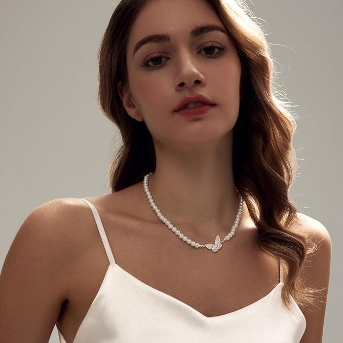 Zeffy Pearl Necklace 4MM/6MM/8MM Dainty Round Imitation Pearl Choker Necklace Wedding Pearl Necklace Delicate Jewelry for Women Simple Bridesmaid Jewelry Gifts