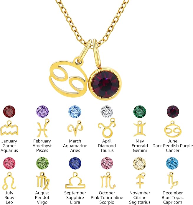 MISS RIGHT Initial Birthstone Necklace for Women - Personalized Gifts Birthday Gifts for Women Stainless Steel 18K Gold Plated Dainty Gold Zodiac Sign 12 Constellation Horoscope Necklace Jewelry