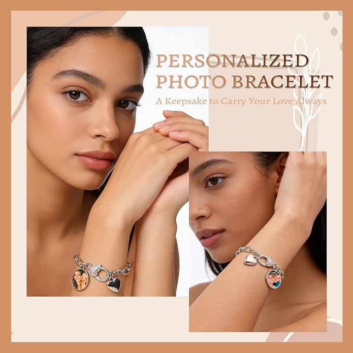 WBW Custom Photo Charm Bracelet for Women Personalized Picture Bracelet with Cute Heart Pendant Customizable Jewelry Chain Name Date Text Valentine‘s Day Gift for Her Girlfriend Wife