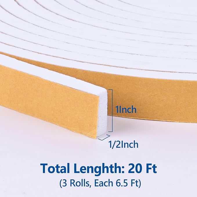 Kikerike Self Adhesive Foam Tape Weatherstrip 1in x 1/2in x 20Ft High Density - Image 2