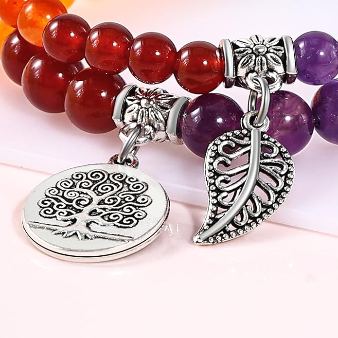 Bivei Natural Semi Precious Gemstone beads bracelet for women - Life Tree and Leaf Charm Energy Reiki Crystal Stretch Bracelets